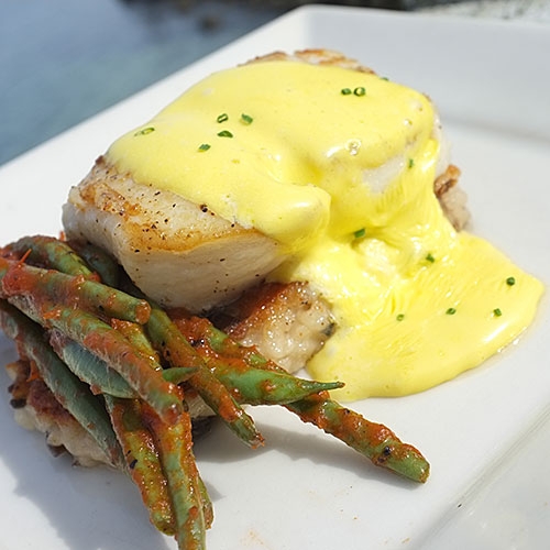 Pan-Roasted Alaskan Halibut with Tomato-Braised Grean Beens, Truffle Aioli - saltys.com