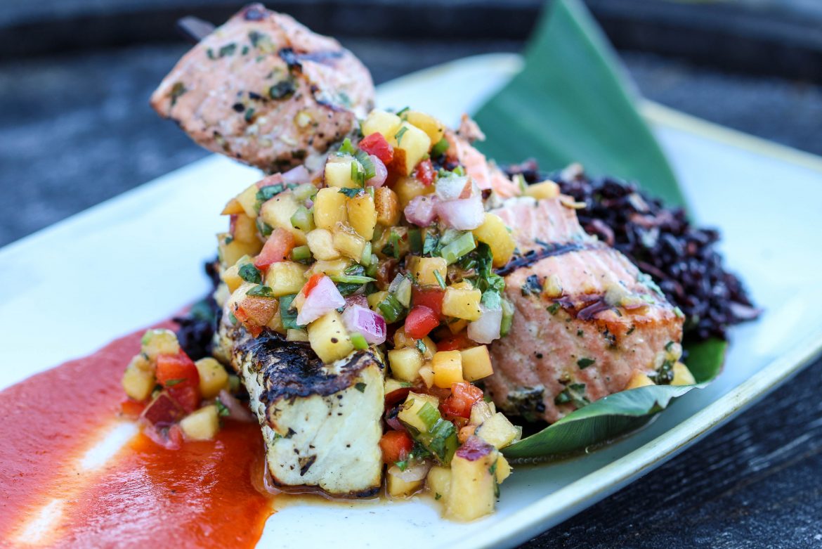 King Salmon and Halibut Brochette local stone fruit salsa and smoked pepper coulis