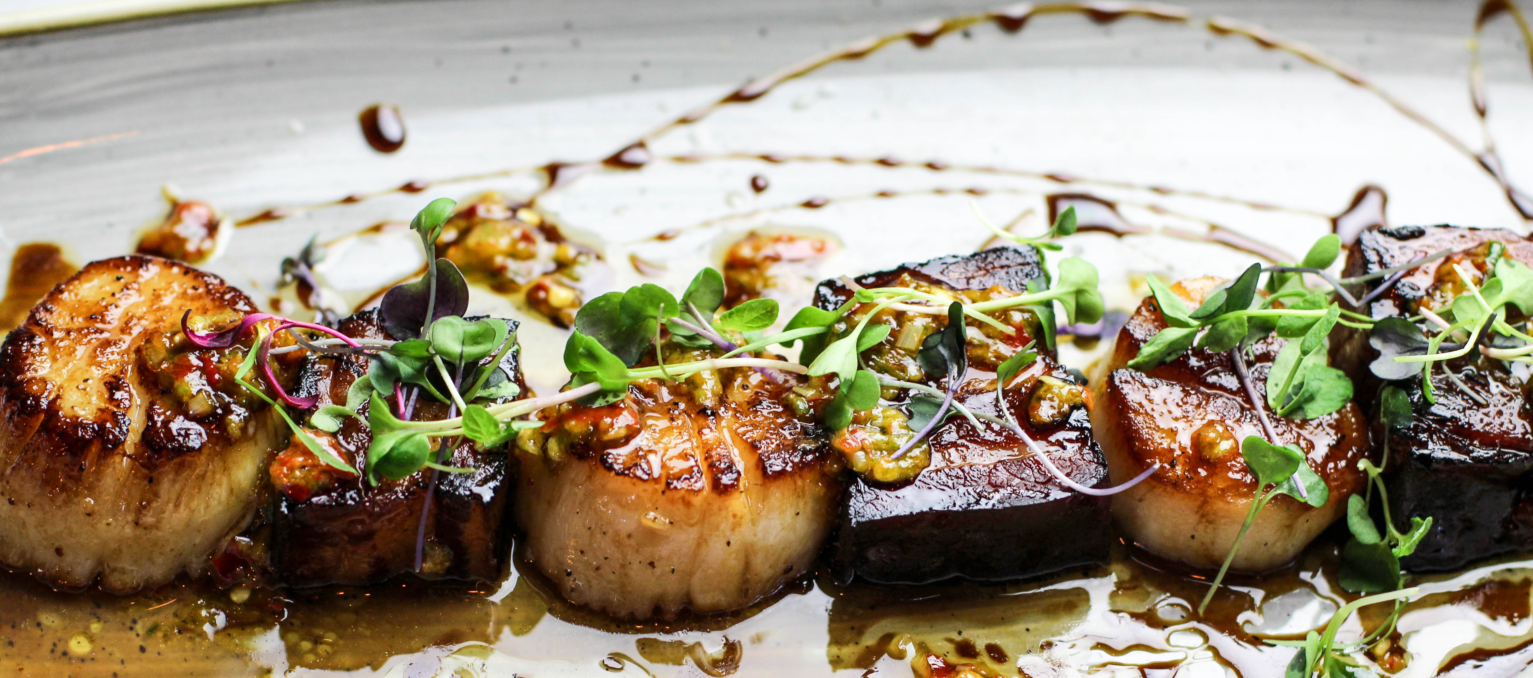 Best Friends with seared scallops and cured pork belly - saltys.com