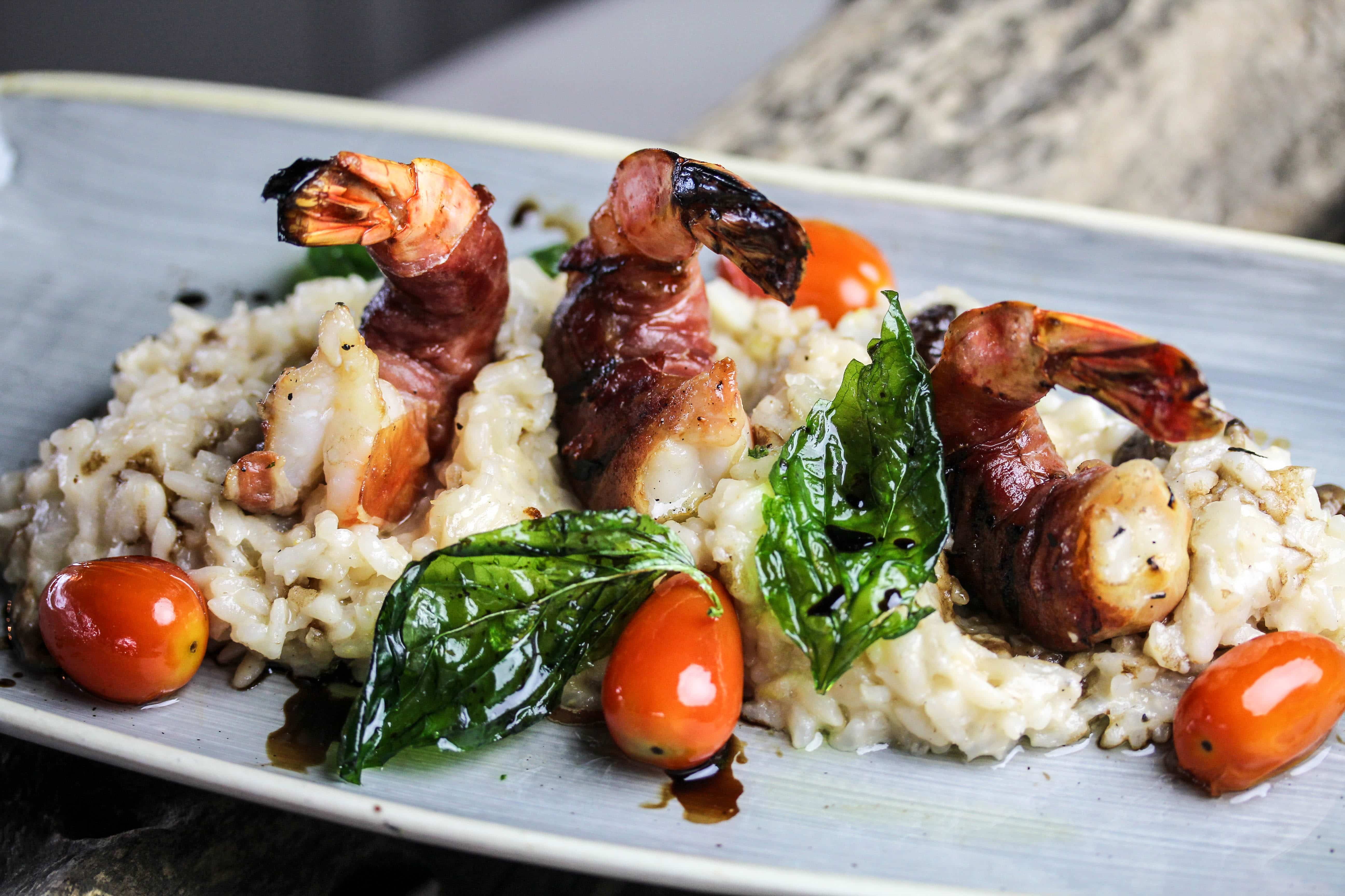 Prawn Saltimbocca with Roasted Forest Mushroom Risotto, Olive Oil-Cured