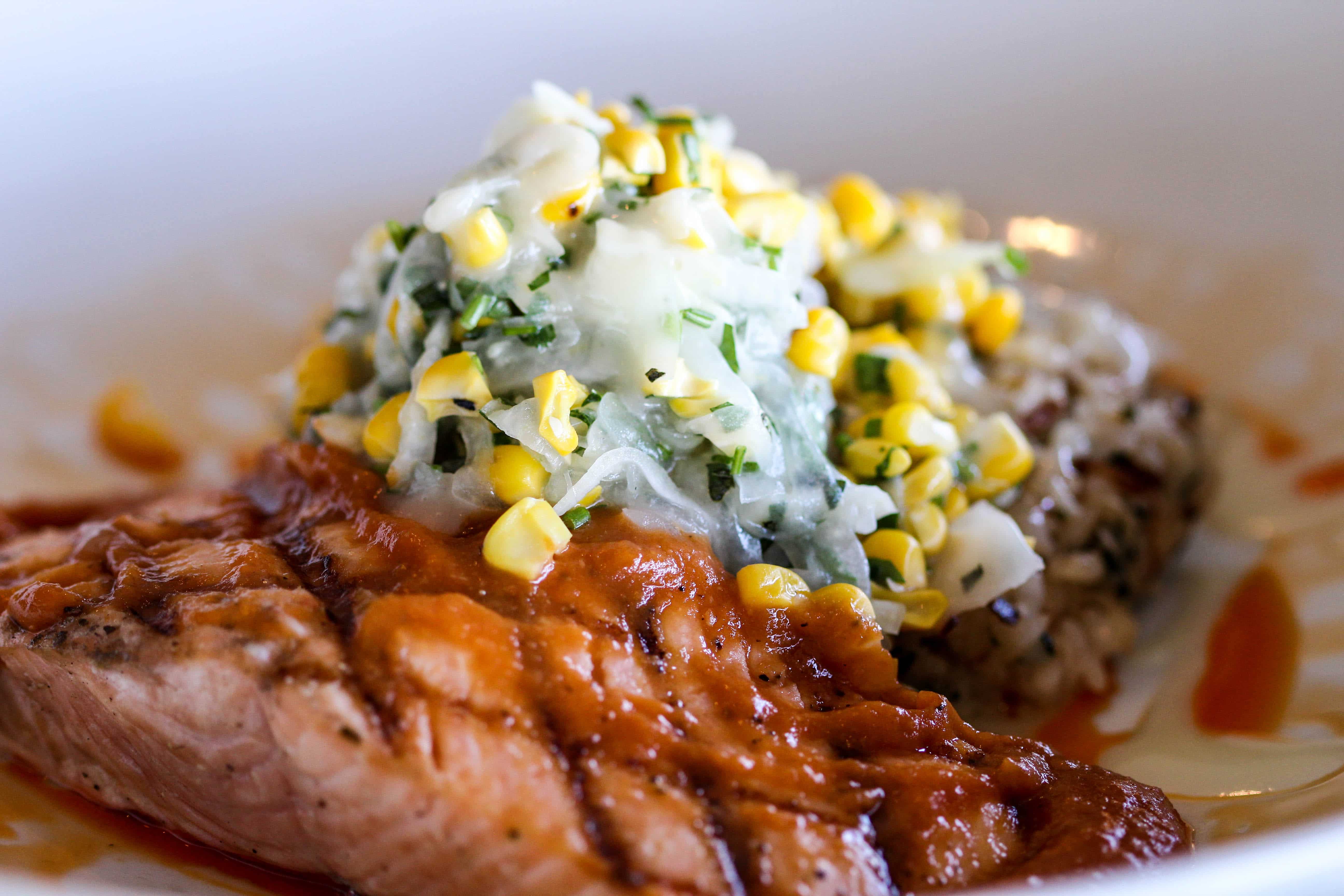 Grilled King Salmon with sweet and spicy peach BBQ glaze and sliced